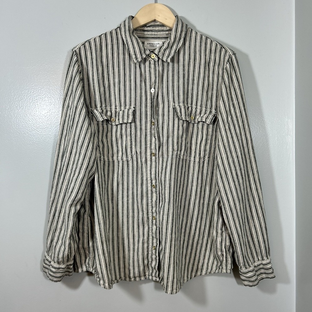 American Eagle L Stripe Oversized Fit Linen Blend Button Down Shirt Lagenlook